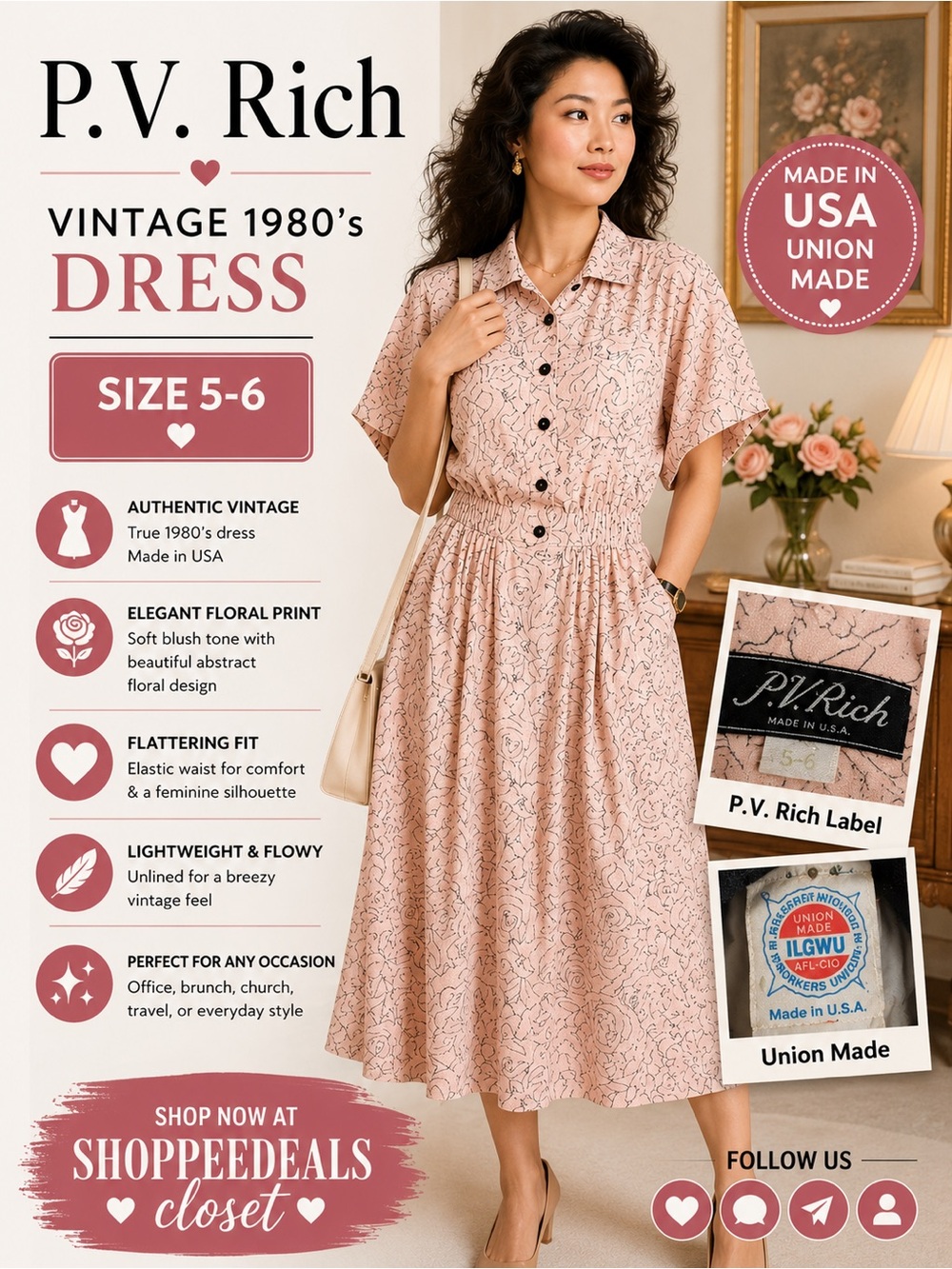 Vintage P. V. Rich Union Made USA Floral Shirt Midi Dress | Size 5-6